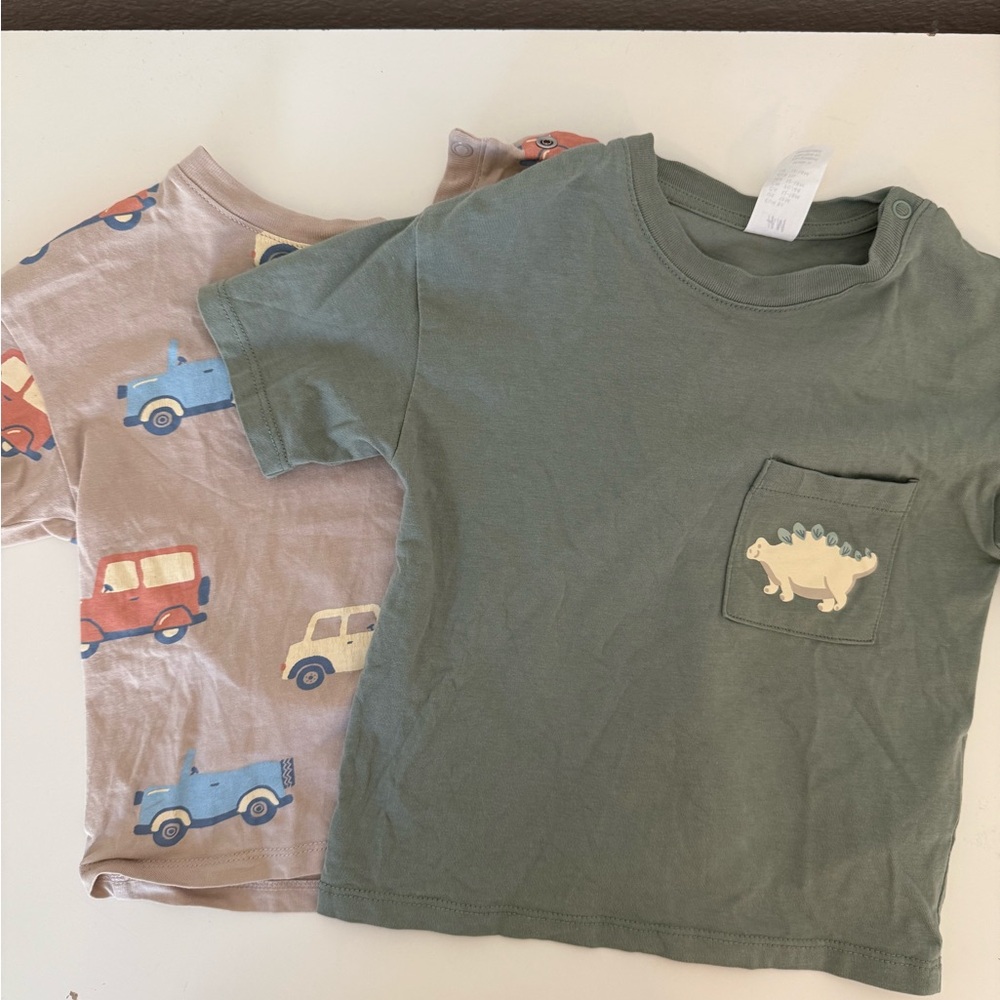 H&M Green and Beige Kids T-Shirts with Dinosaur and Car Prints